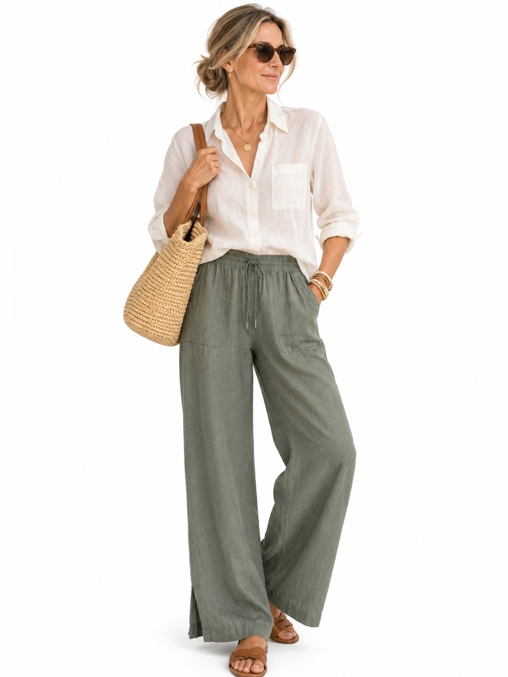ATHLETA Retreat Linen Wide Leg Pants XL Olive Green Drawstring High Rise Coastal